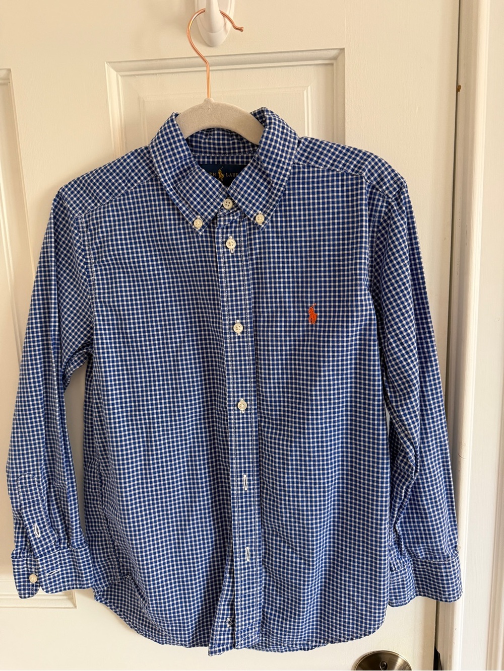 Ralph Lauren Blue Gingham Button-Down Shirt with Orange Pony